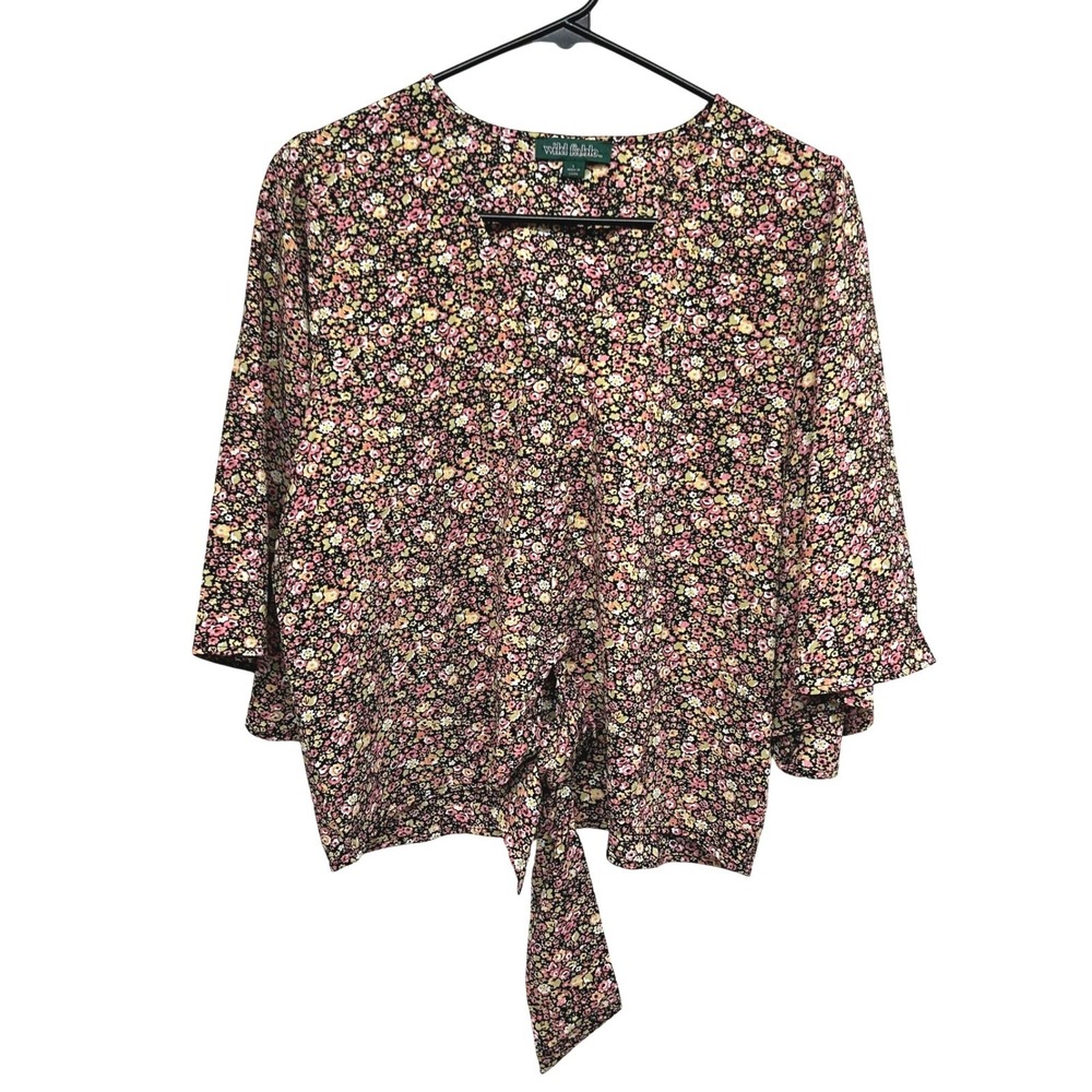 Cropped Ditsy Floral Tie Front Blouse L Black Pink Y2K Revival Festival Chic‎